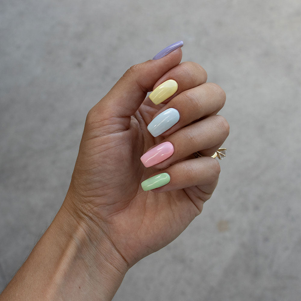 Gelous Strawberry Kisses, Lemon Sorbet, Baby Blues, Mint to Be &amp; Wink My Way gel nail polish  - photographed on model in New Zealand