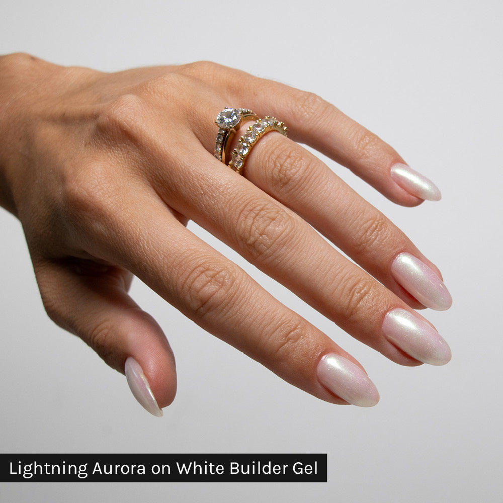 Gelous Lightning Aurora Chrome Powder on White Builder Gel - photographed in New Zealand on model