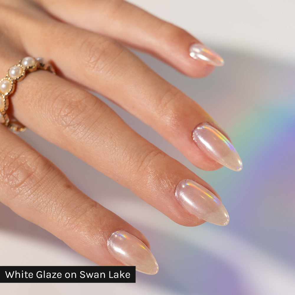 Gelous White Glaze Chrome Powder on Swan Lake gel nail polish - photographed in New Zealand on model