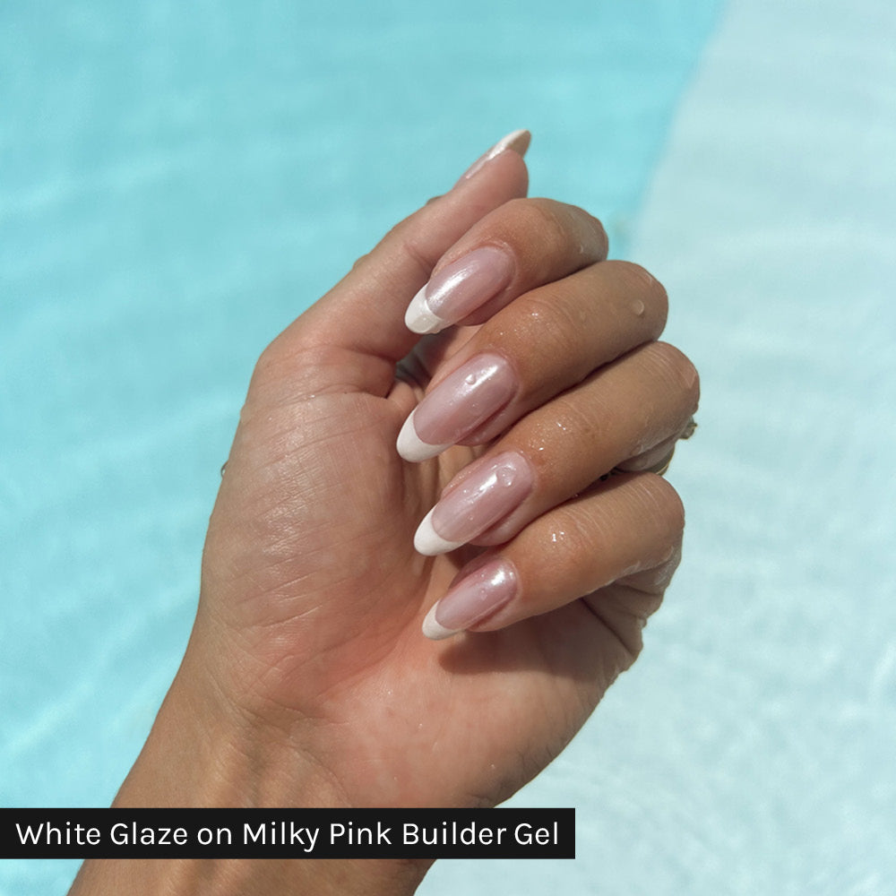 Gelous White Glaze Chrome Powder on Milky Pink Builder Gel - photographed in New Zealand on model