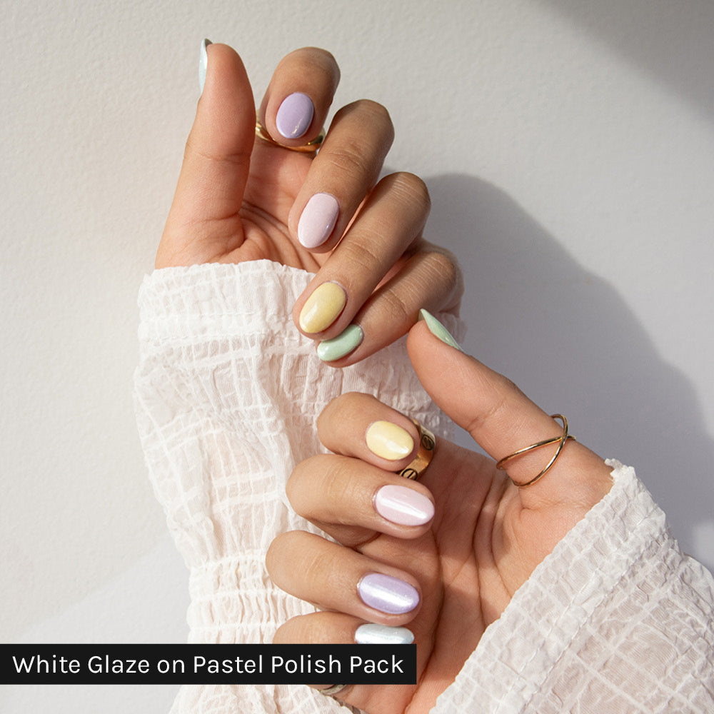 Gelous White Glaze Chrome Powder On Pastel Polish Pack gel nail polish- photographed in New Zealand on model