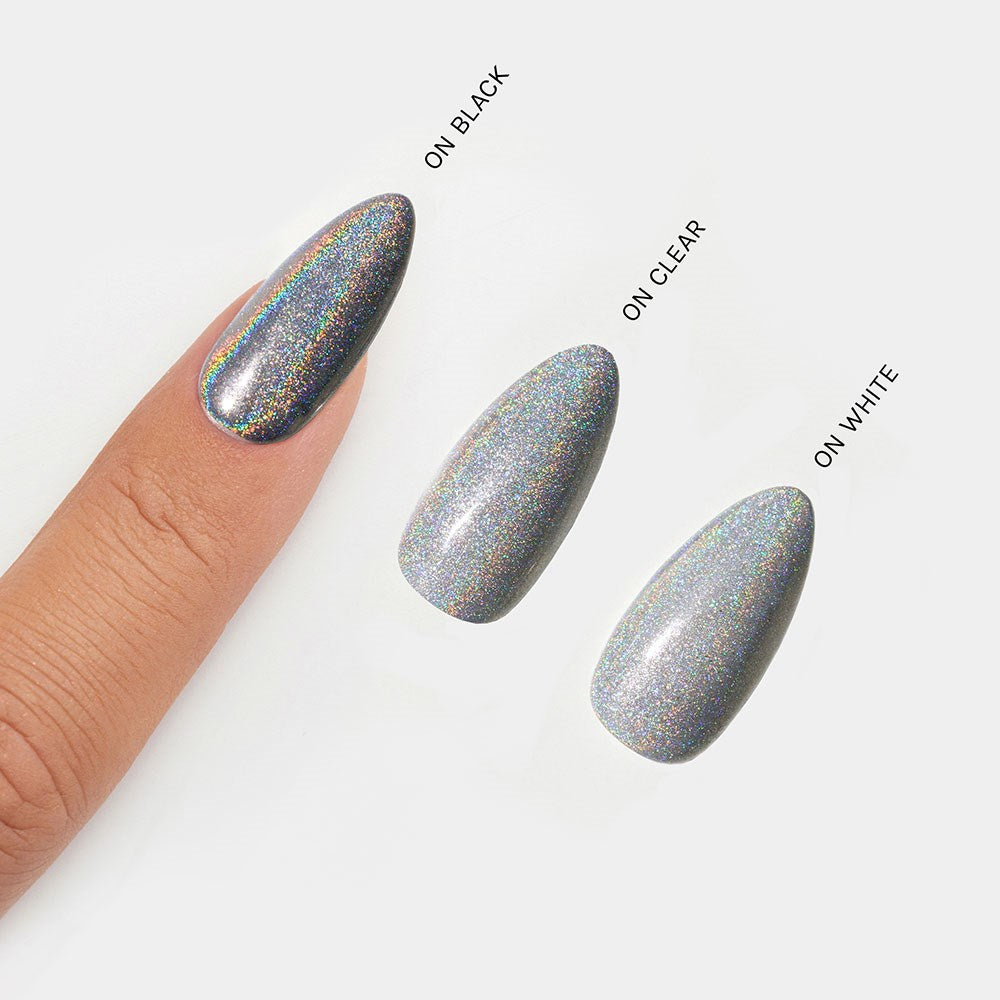 Gelous Graphite Holographic Chrome Powder swatch - photographed in New Zealand