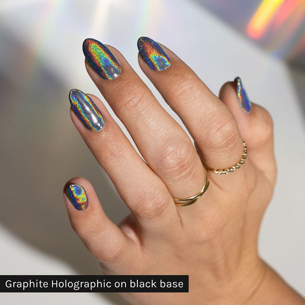 Gelous Graphite Holographic Chrome Powder - photographed in New Zealand on model