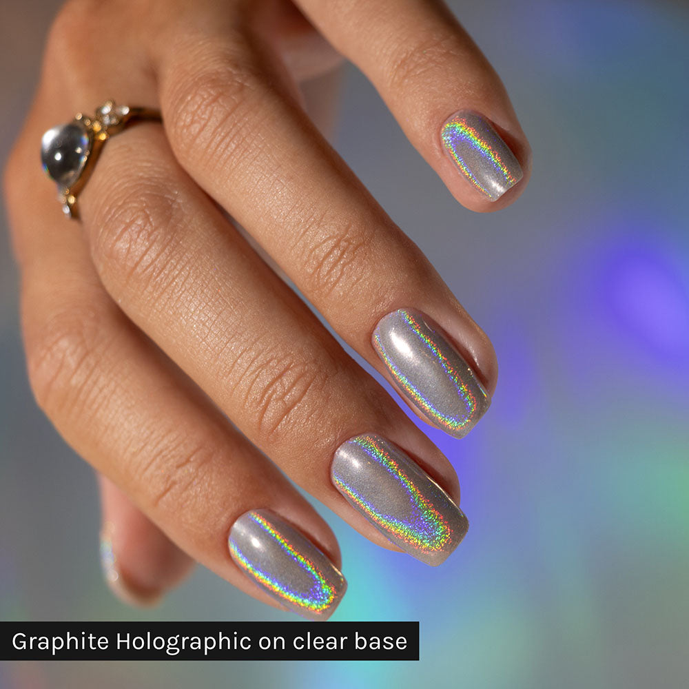 Gelous Graphite Holographic Chrome Powder - photographed in New Zealand on model