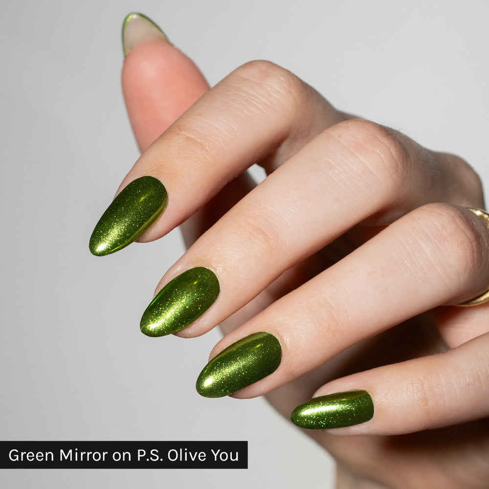 Gelous Green Mirror Chrome Powder on P.S. Olive You gel nail polish - photographed in New Zealand on model