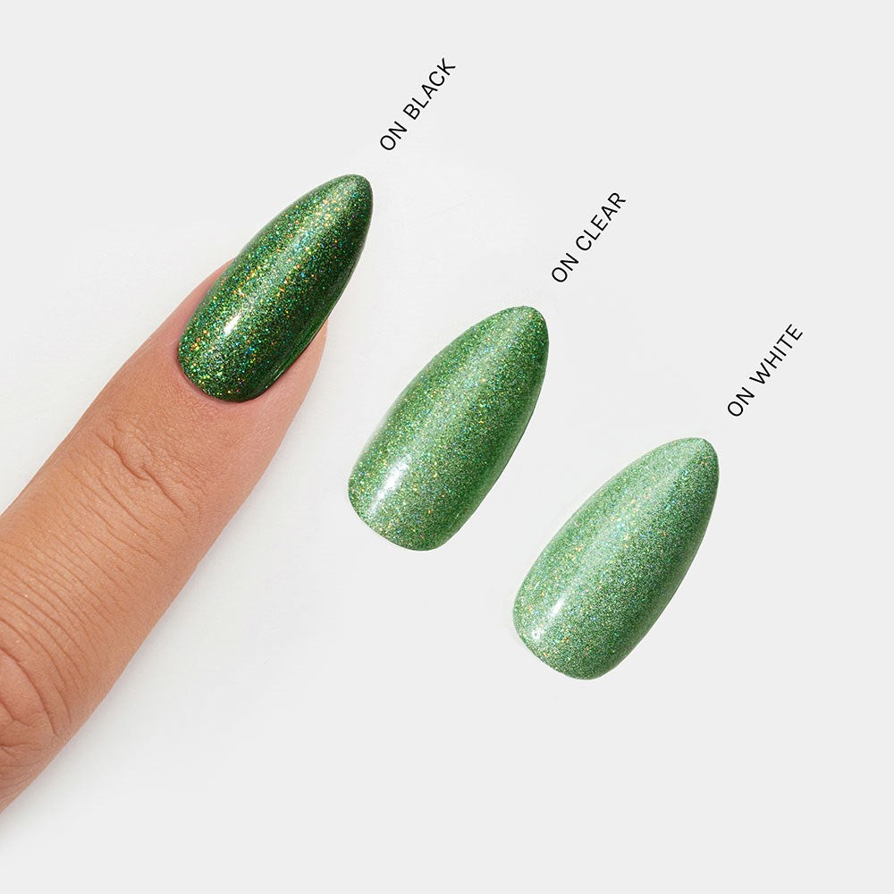 Gelous Emerald Stardust Chrome Powder swatch - photographed in New Zealand