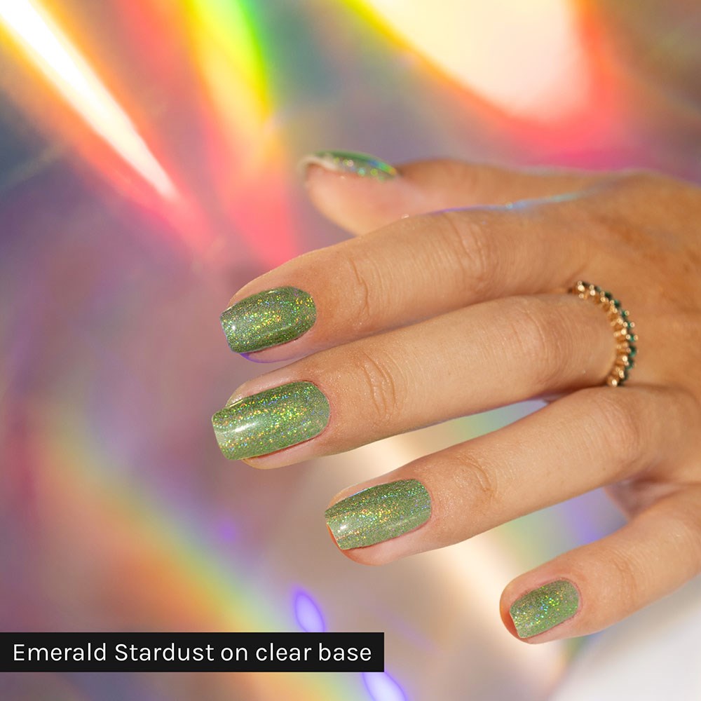 Gelous Emerald Stardust Chrome Powder - photographed in New Zealand on model