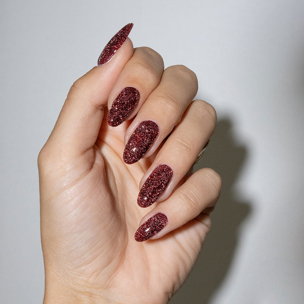 Gelous Imperfect Brown Glitter gel nail polish - photographed in New Zealand on model