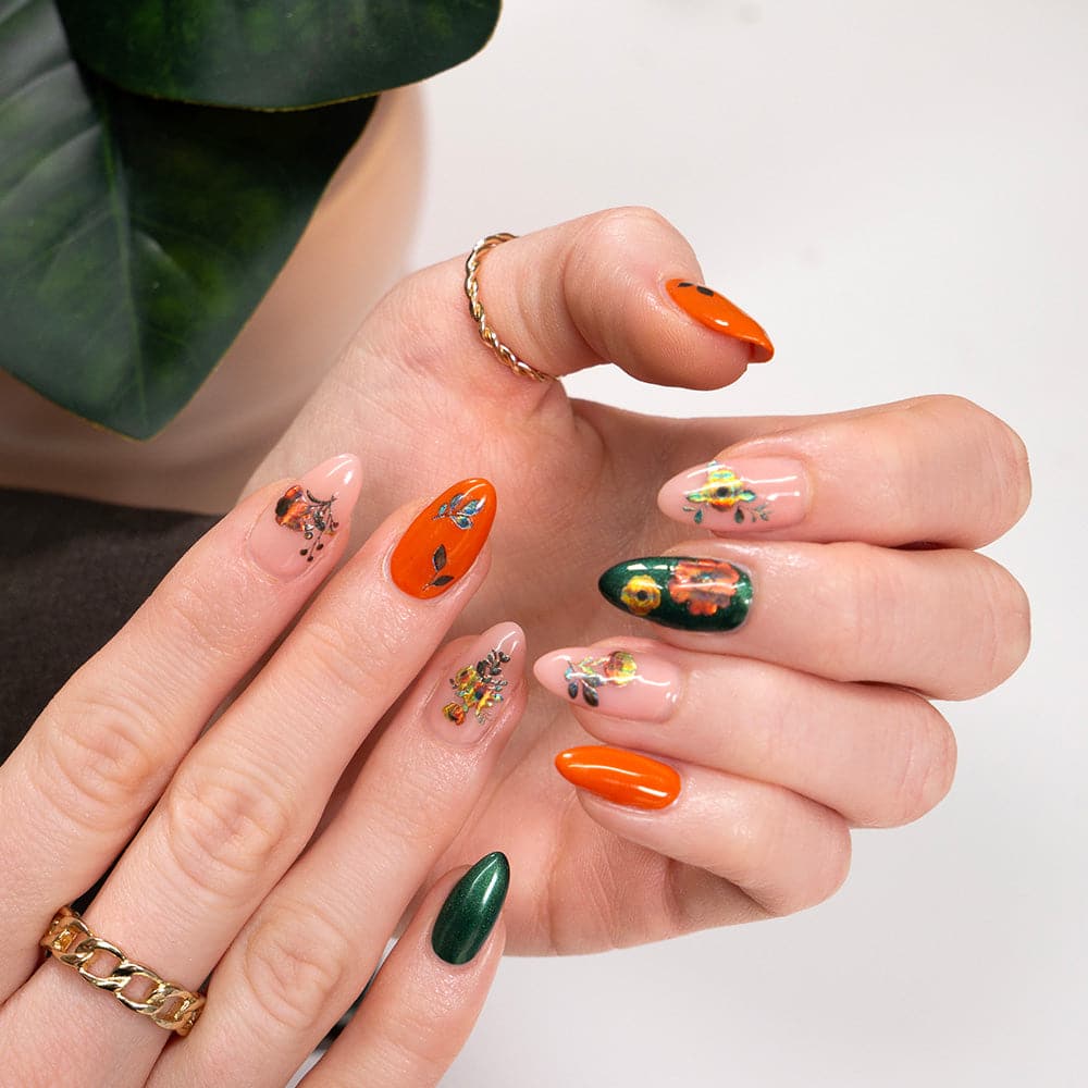 Gelous Orange Marigolds Nail Art Stickers - photographed in United States on model