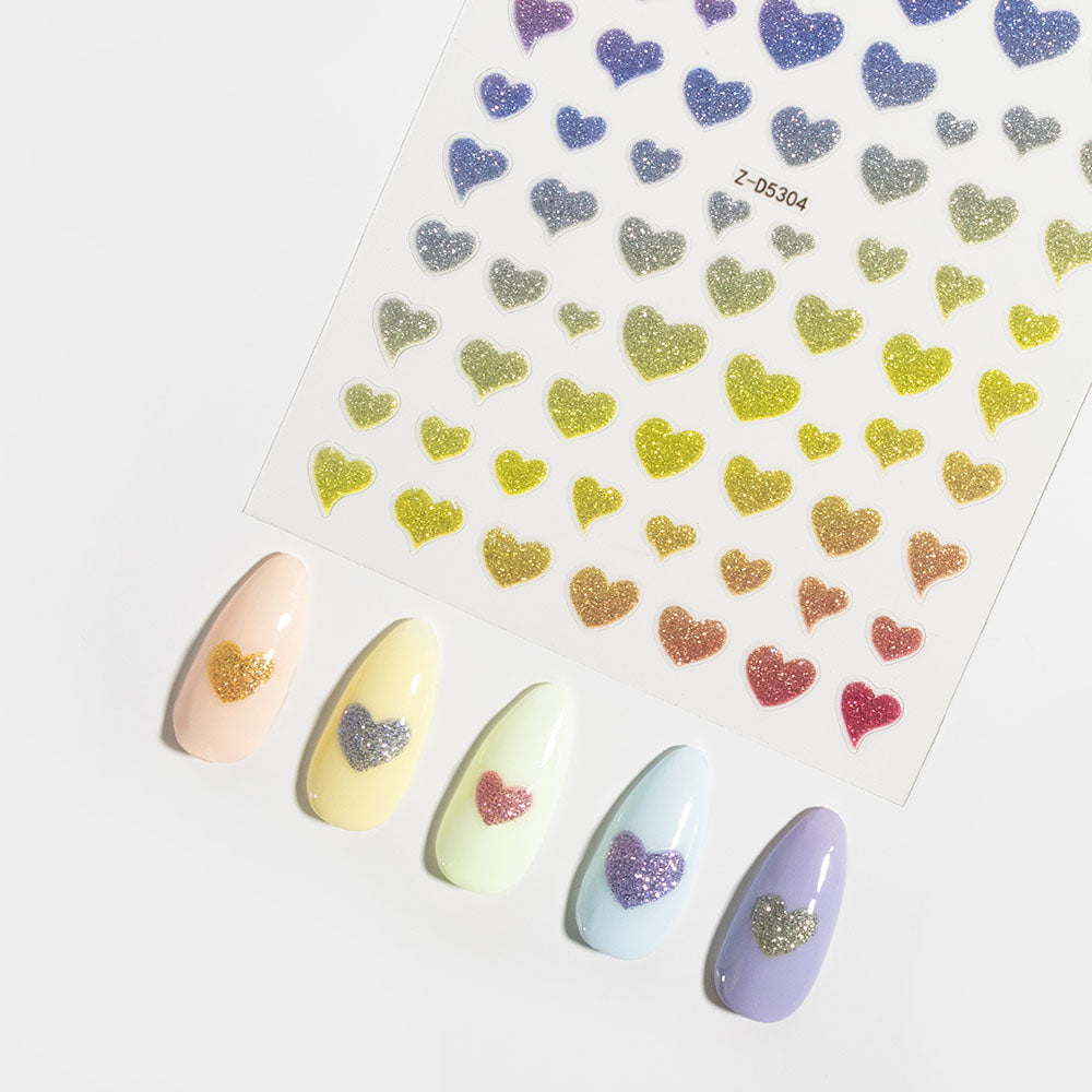 Rainbow Glitter Hearts Nail Stickers