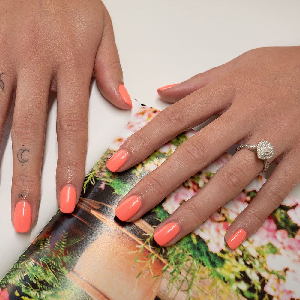Gelous Coral Baskin gel nail polish - photographed in Europe on model