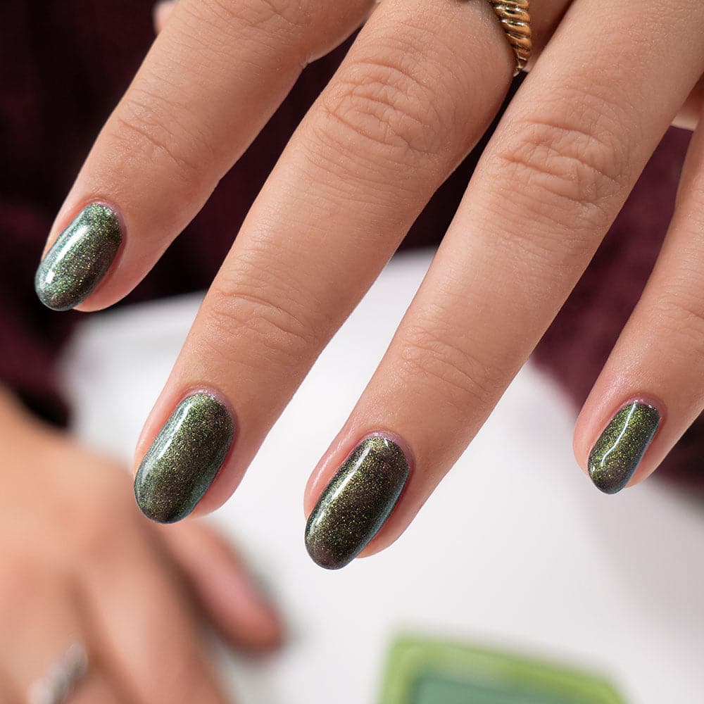 Gelous Chameleon on Black Out gel nail polish - photographed in United States on model