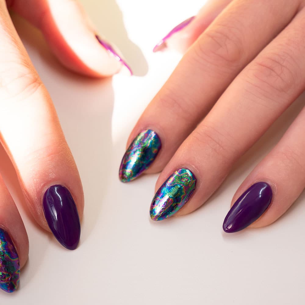 Gelous Colourful Iridescence Nail Art Foils - photographed in Europe on model